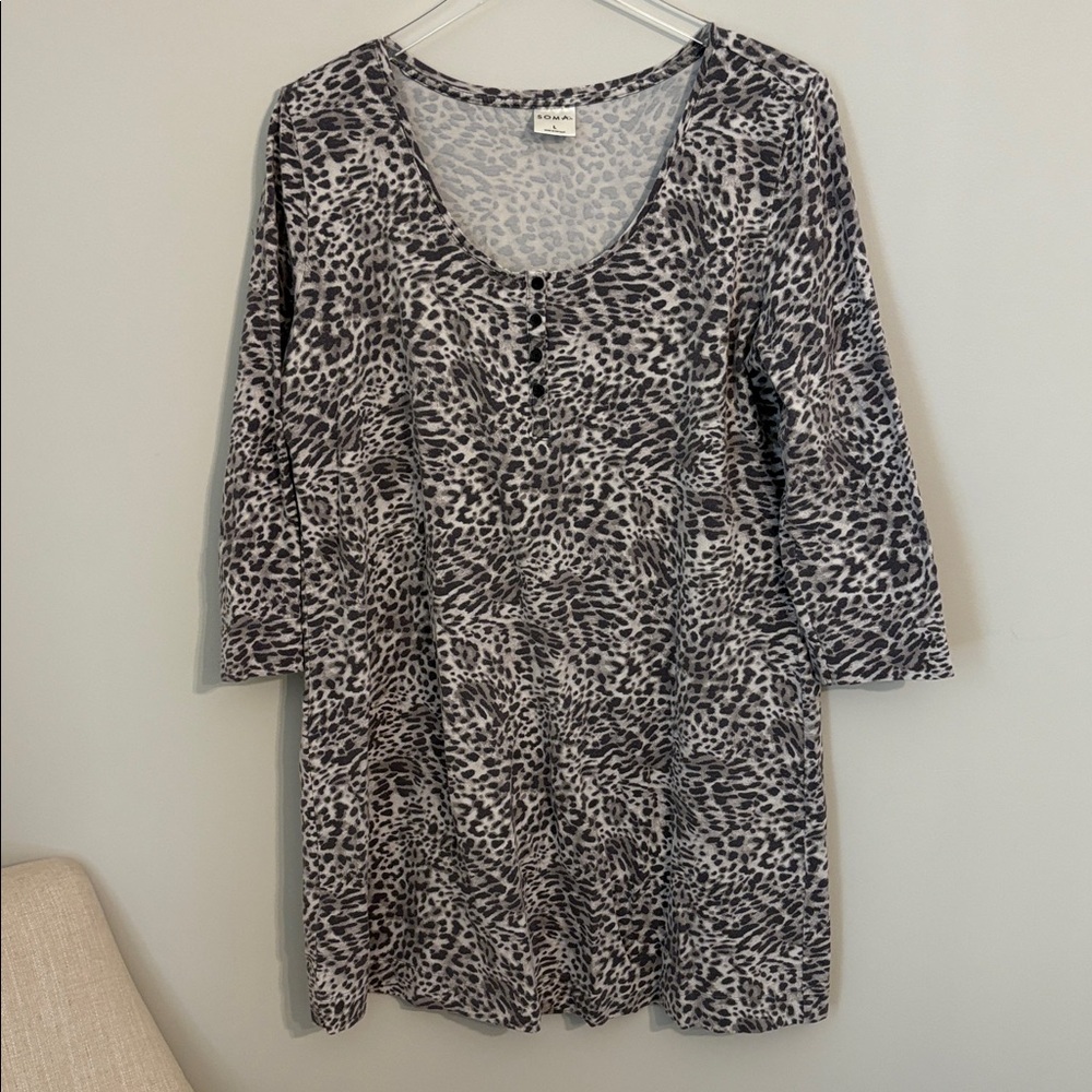 Soma Gray Animal Print Long Sleeve Nightgown Size Large